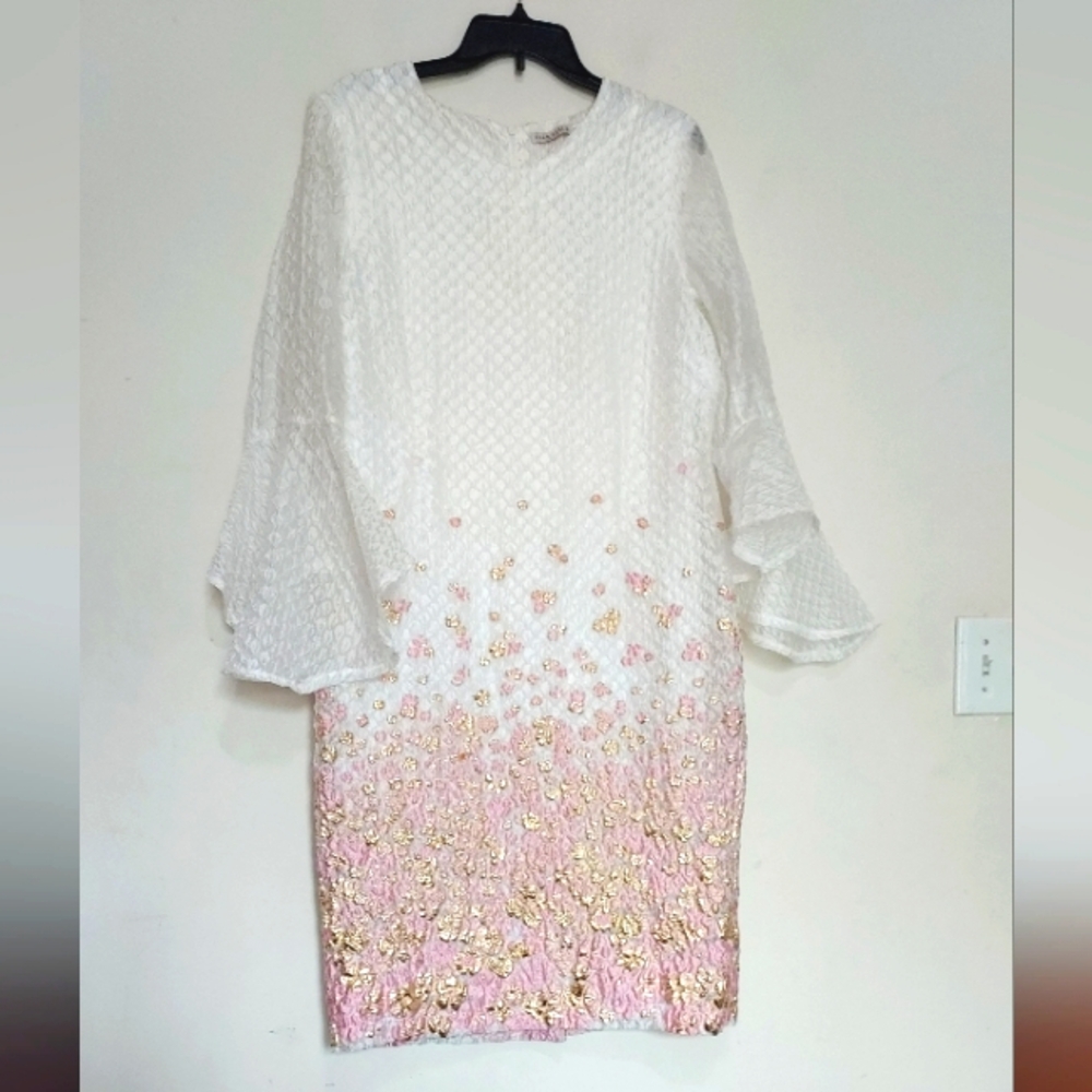 ELLA BELLE NY Midi Textured White Pink And Gold Sheath Dress Sz-8